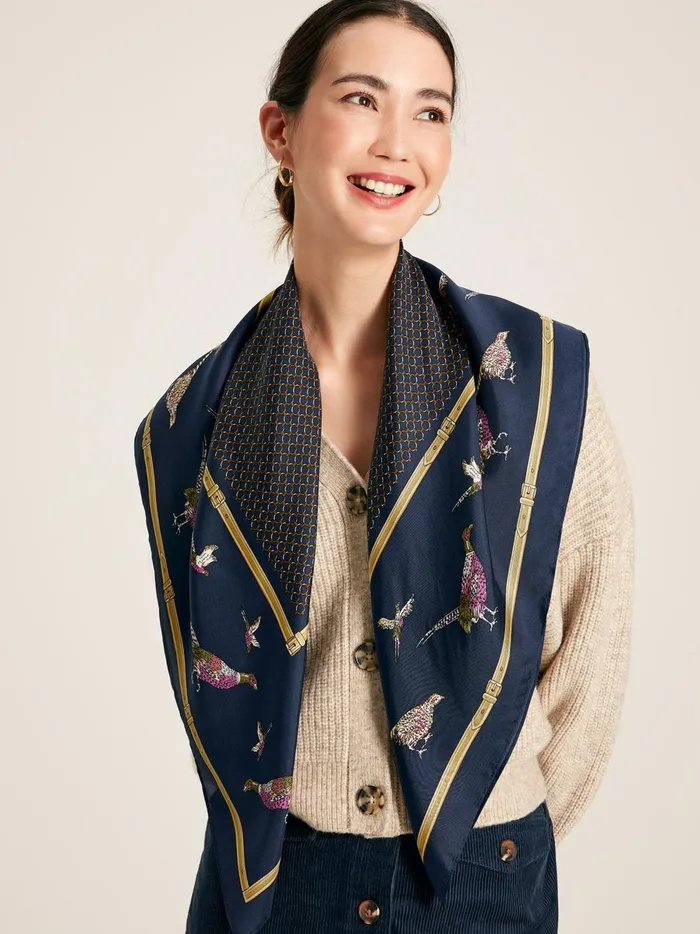 Joules Scarves Women Navy Pheasant Printed Silk Square Scarf