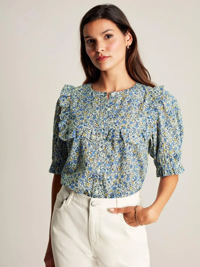Joules Shirts and Blouses Women Blue Ditsy Blouse With Frilled Bib