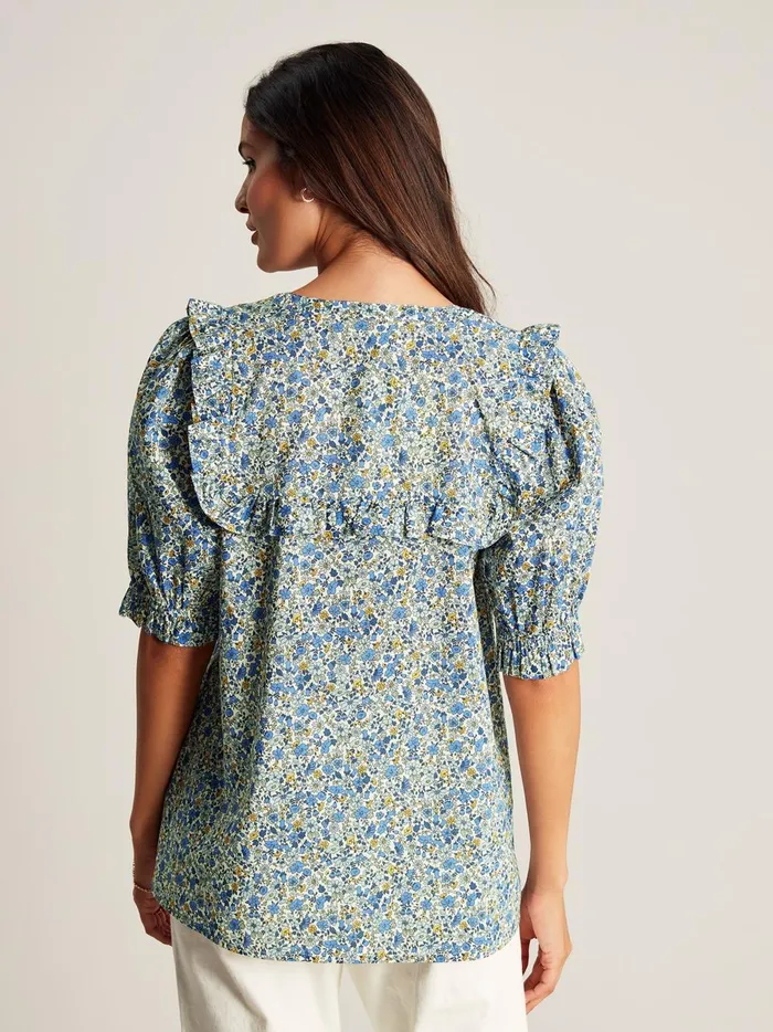Joules Shirts and Blouses Women Blue Ditsy Blouse With Frilled Bib