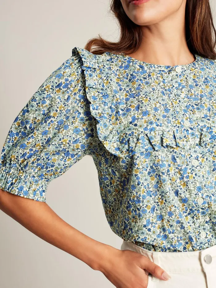 Joules Shirts and Blouses Women Blue Ditsy Blouse With Frilled Bib