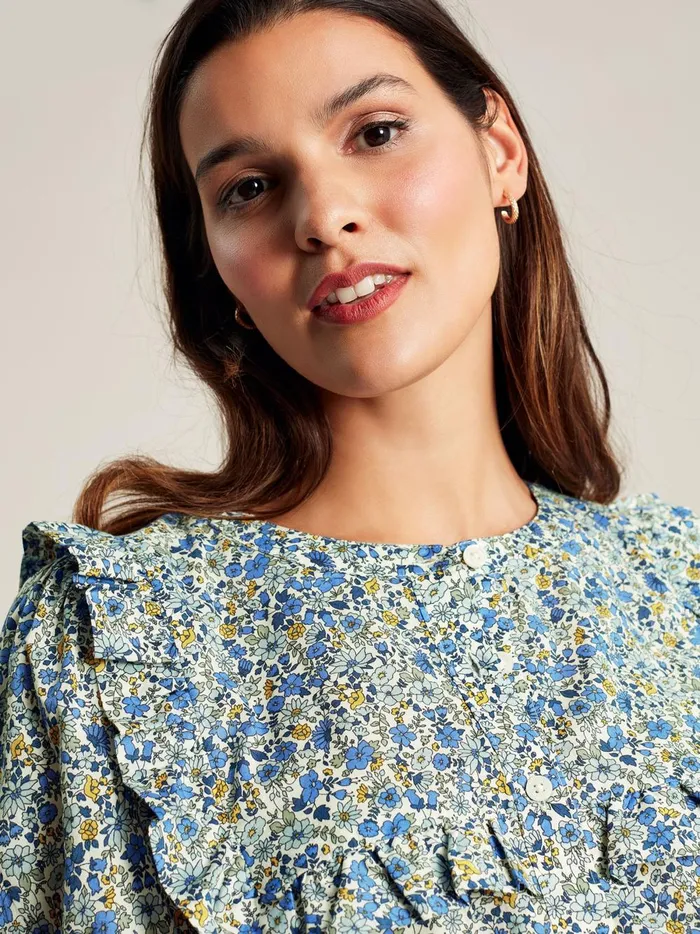 Joules Shirts and Blouses Women Blue Ditsy Blouse With Frilled Bib