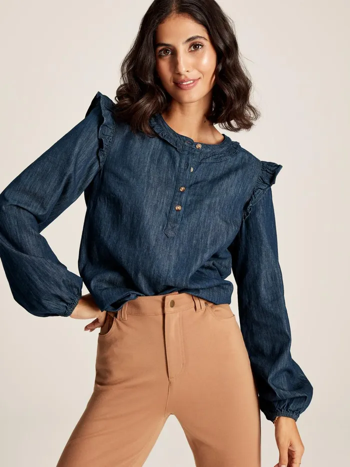 Joules Shirts and Blouses Women Blue Frill Shoulder Chambray Blouse