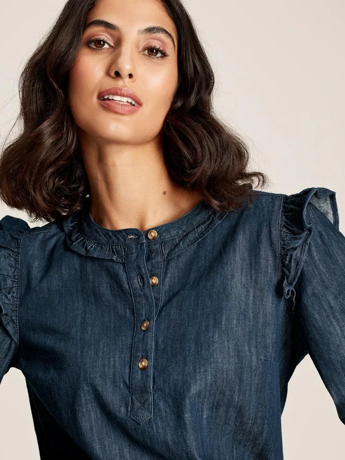 Joules Shirts and Blouses Women Blue Frill Shoulder Chambray Blouse