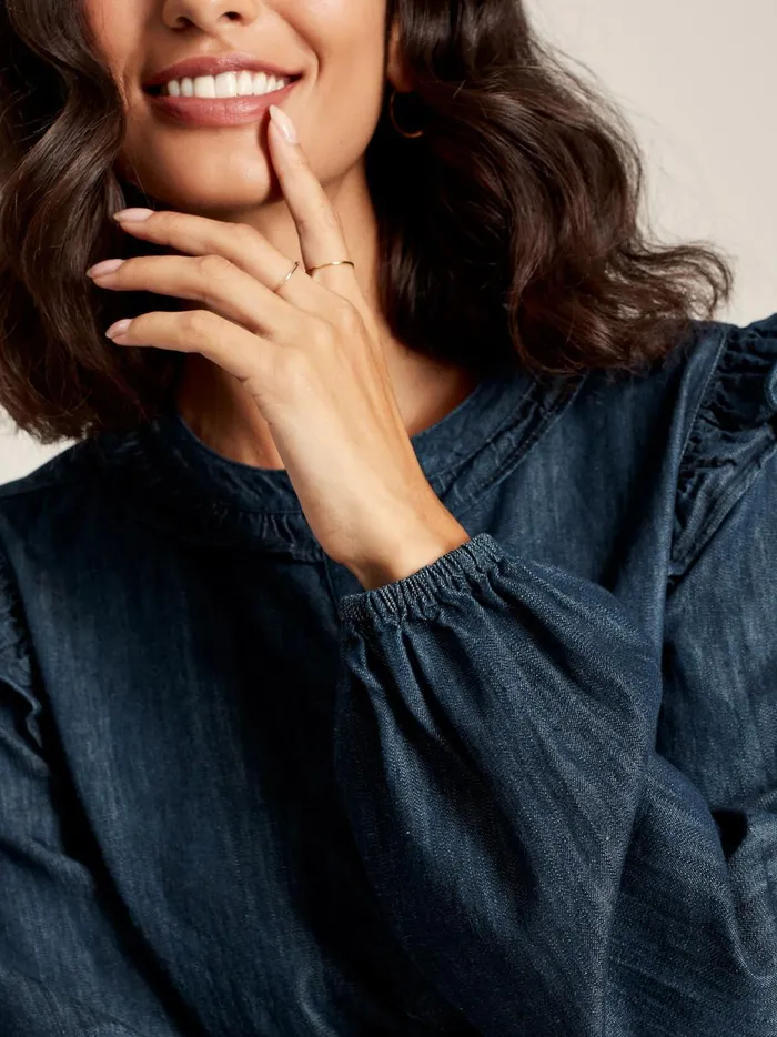Joules Shirts and Blouses Women Blue Frill Shoulder Chambray Blouse