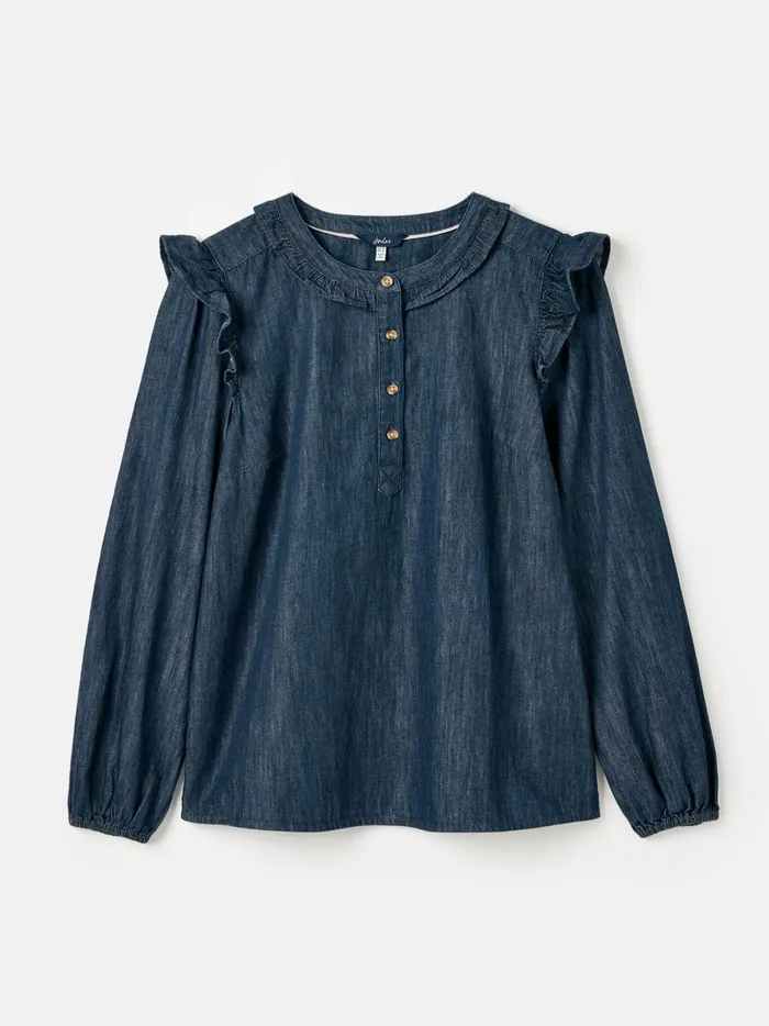 Joules Shirts and Blouses Women Blue Frill Shoulder Chambray Blouse