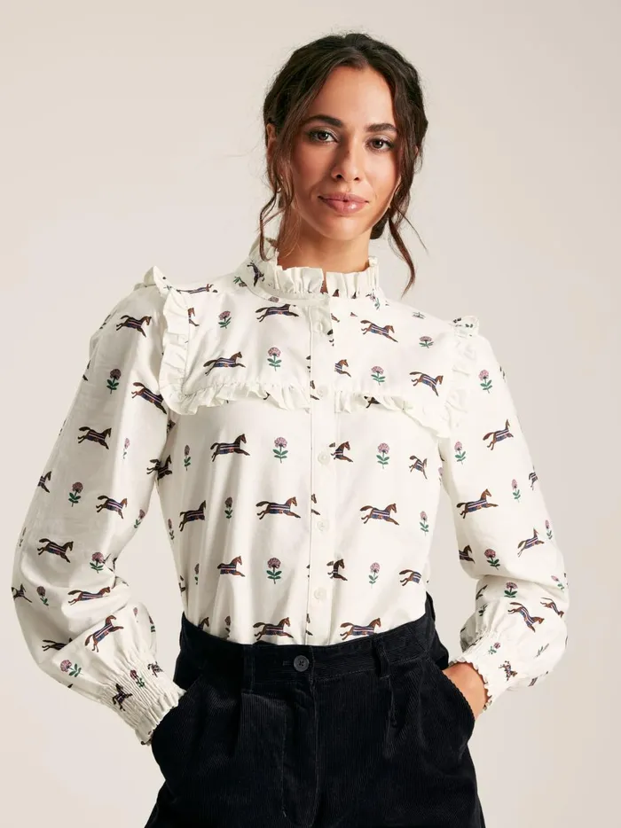 Joules Shirts and Blouses Women Cream Horse Printed Frill Blouse