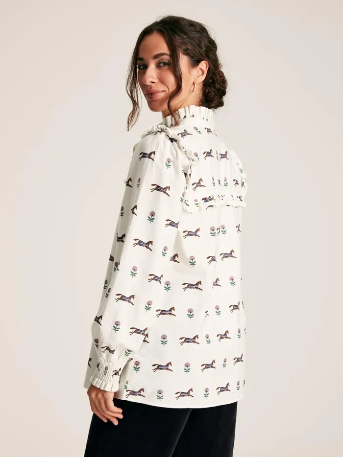 Joules Shirts and Blouses Women Cream Horse Printed Frill Blouse