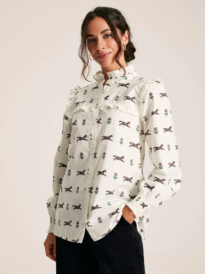 Joules Shirts and Blouses Women Cream Horse Printed Frill Blouse