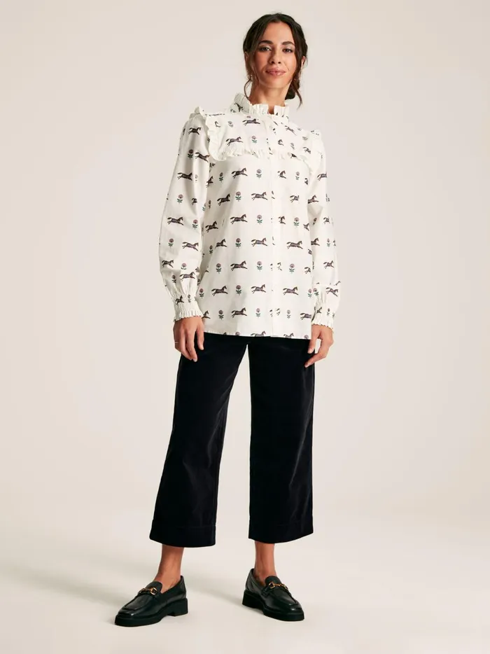 Joules Shirts and Blouses Women Cream Horse Printed Frill Blouse