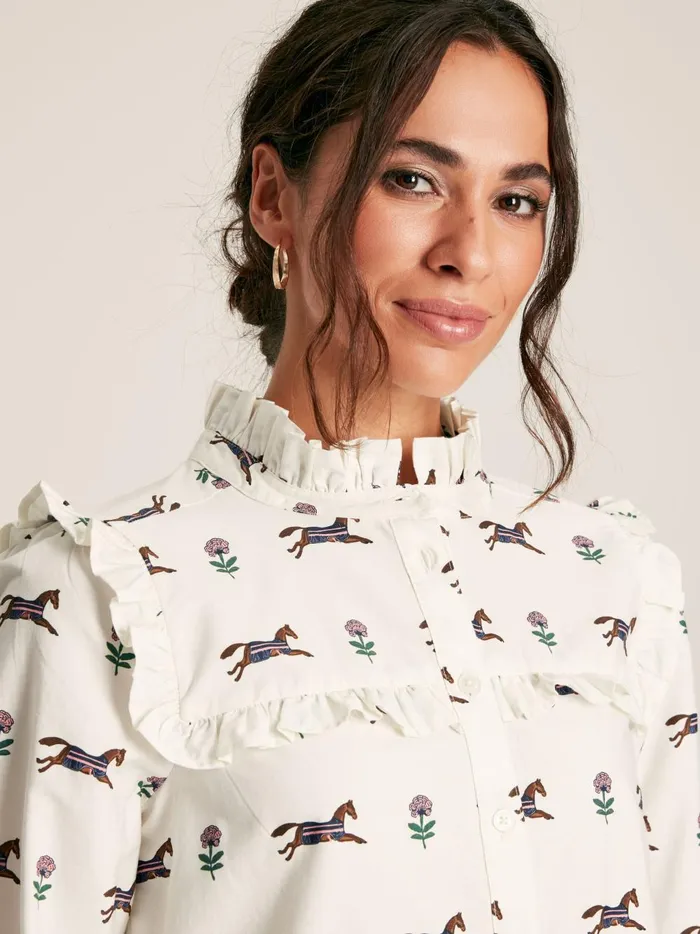 Joules Shirts and Blouses Women Cream Horse Printed Frill Blouse