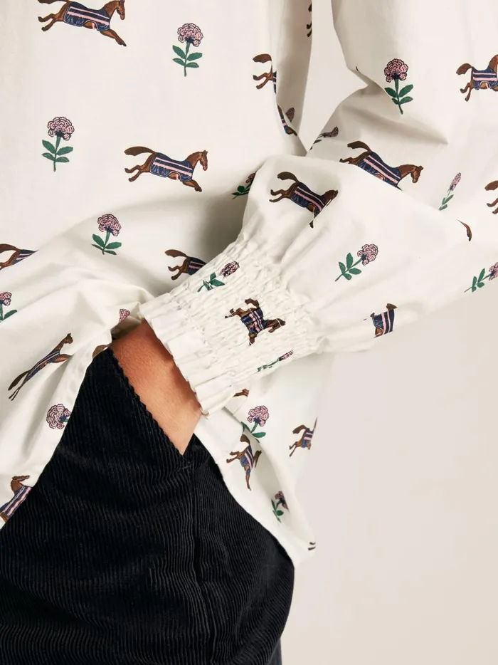 Joules Shirts and Blouses Women Cream Horse Printed Frill Blouse