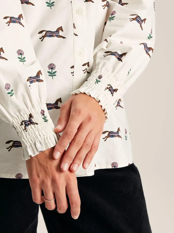Joules Shirts and Blouses Women Cream Horse Printed Frill Blouse