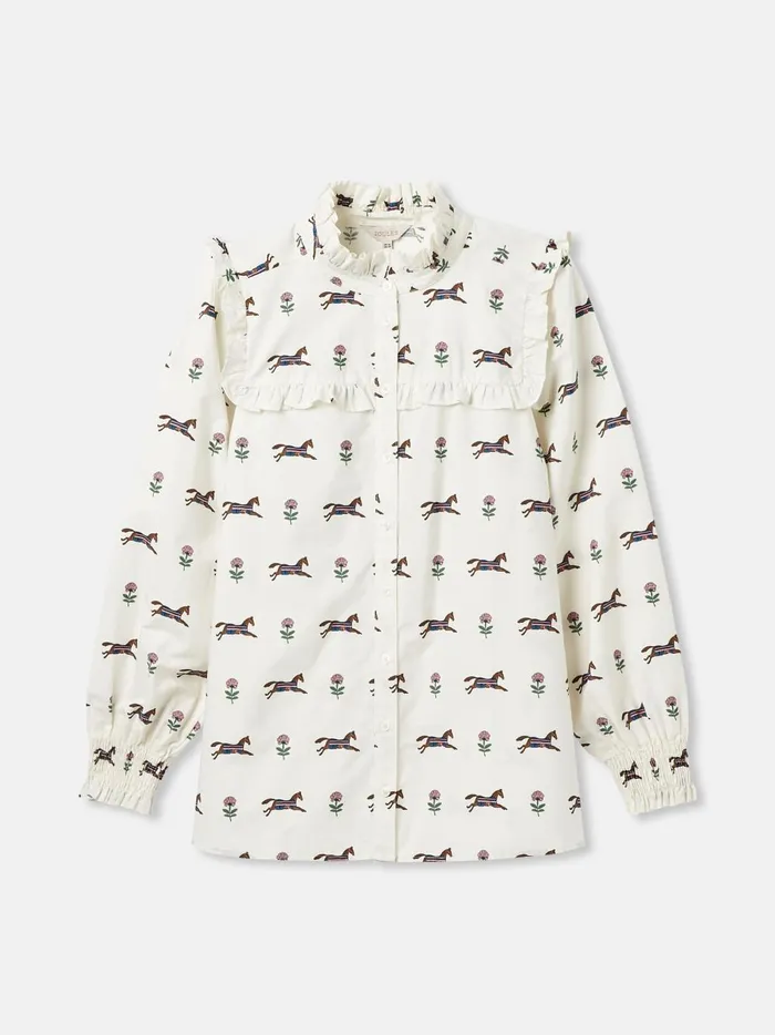 Joules Shirts and Blouses Women Cream Horse Printed Frill Blouse