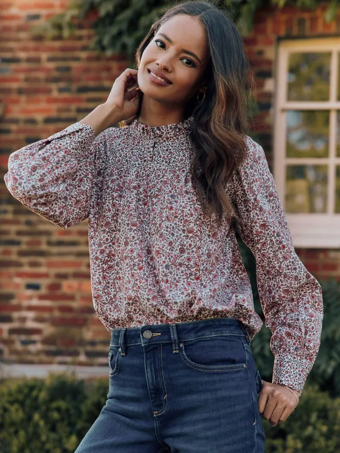 Joules Shirts and Blouses Women CreamRed Floral Long Sleeve Blouse With Frill Neck