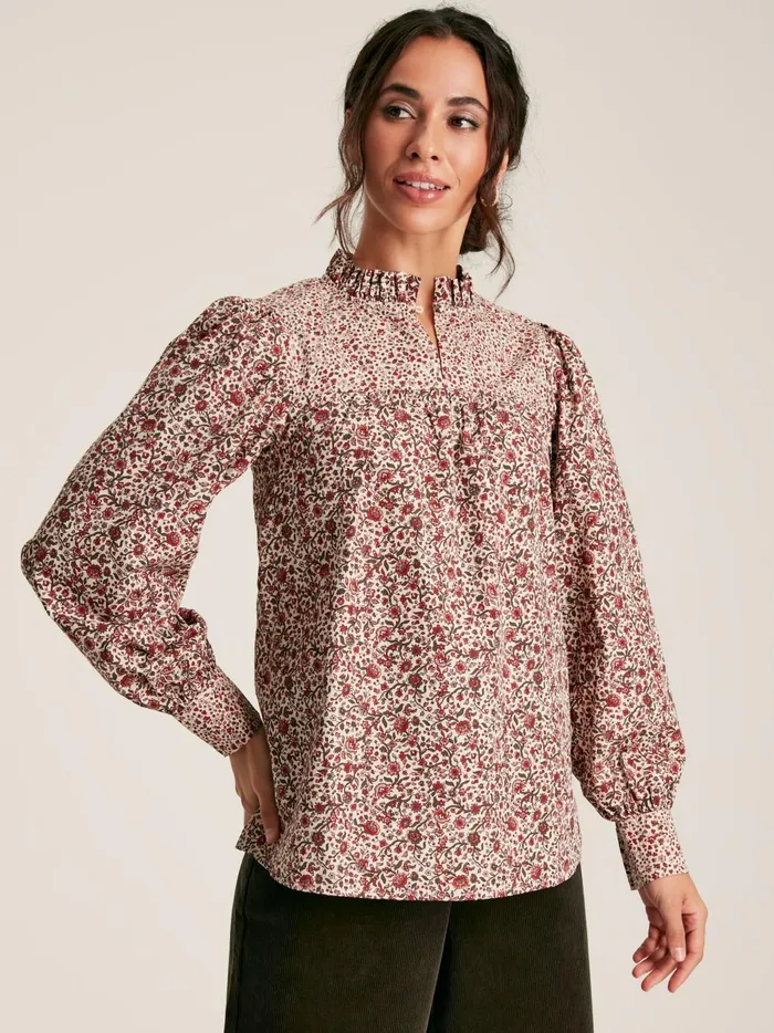 Joules Shirts and Blouses Women CreamRed Floral Long Sleeve Blouse With Frill Neck