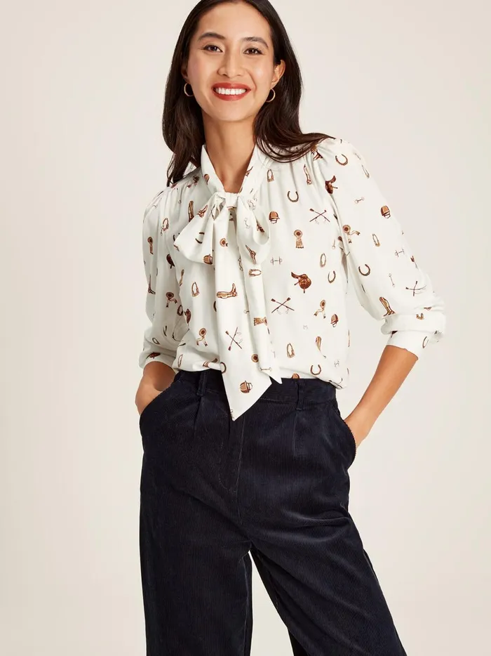Joules Shirts and Blouses Women Equestrian White Tie Neck Blouse