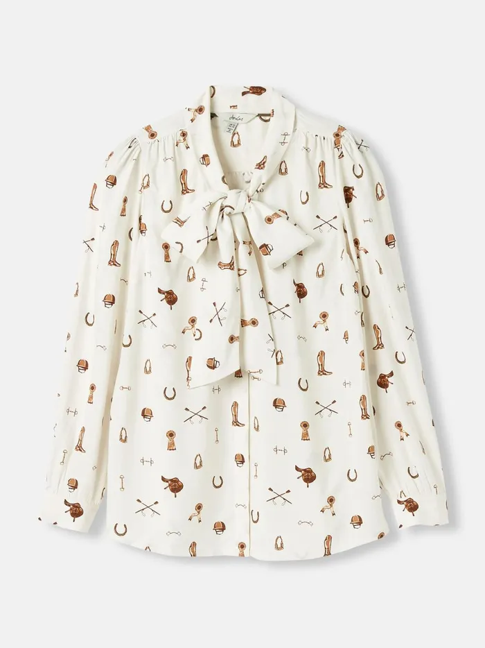 Joules Shirts and Blouses Women Equestrian White Tie Neck Blouse