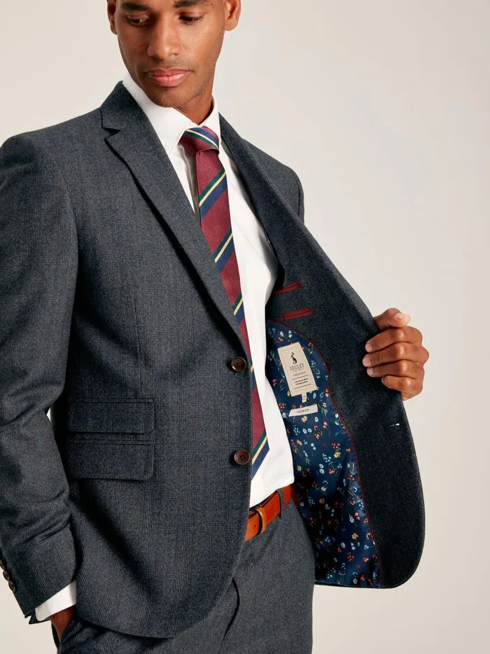 Joules Suits and Tailoring Men Navy Check Wool Slim Fit Suit Jacket