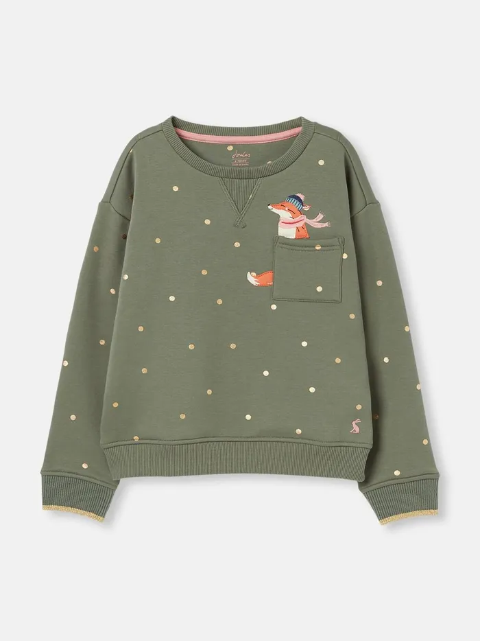 Joules Sweatshirts and Hoodies Girls Khaki Green Embroidered Artwork Crew Neck Sweatshirt
