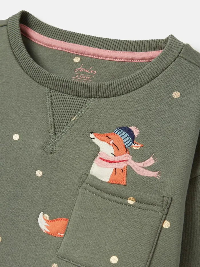 Joules Sweatshirts and Hoodies Girls Khaki Green Embroidered Artwork Crew Neck Sweatshirt