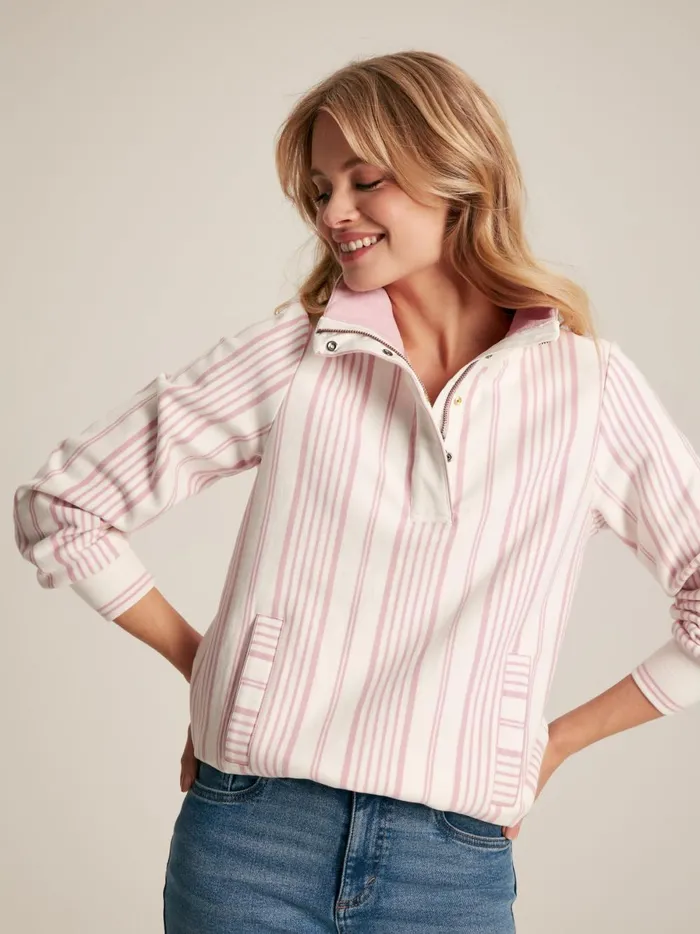 Joules Sweatshirts and Hoodies Women PinkWhite Quarter Zip Funnel Neck Sweatshirt