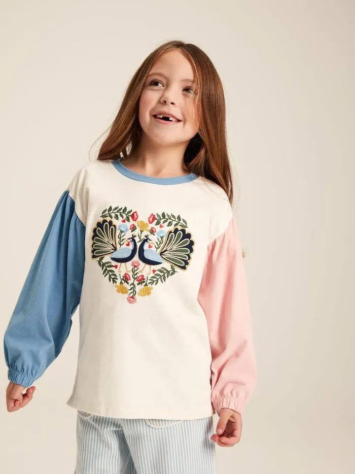 Joules Tops and Tshirts Girls Cream Long Sleeve Embroidered Artwork Top