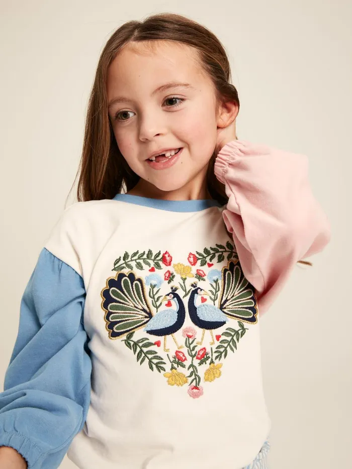 Joules Tops and Tshirts Girls Cream Long Sleeve Embroidered Artwork Top