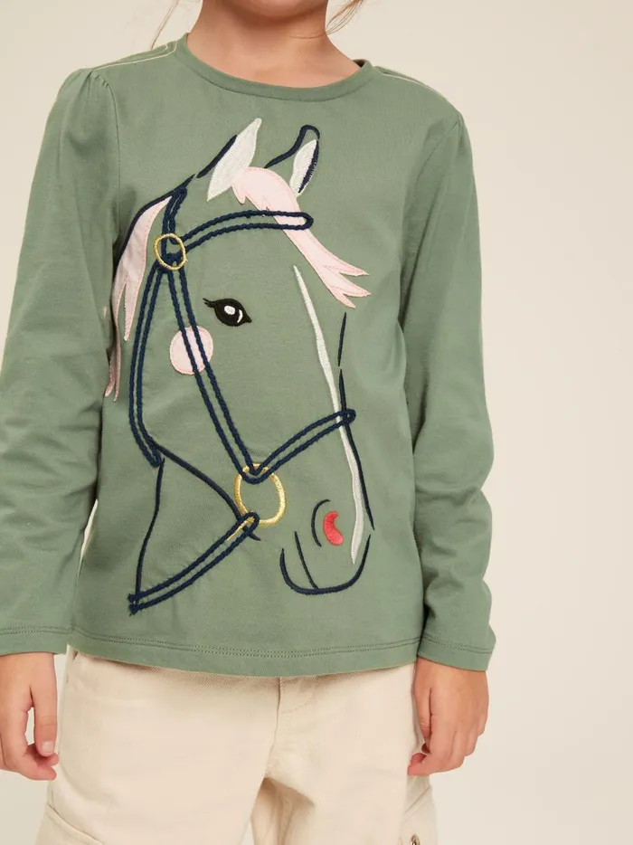 Joules Tops and Tshirts Girls Green Embroidered Horse Top