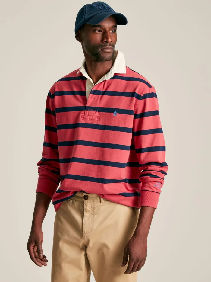 Joules Tops and Tshirts Men Pink and Navy Striped Rugby Shirt