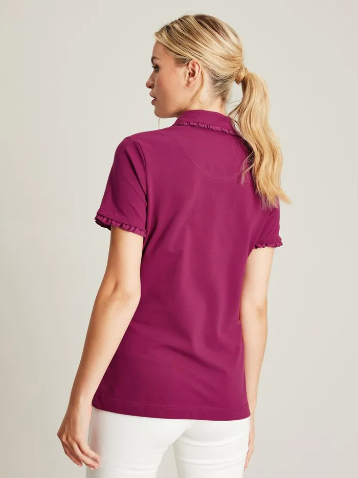 Joules Tops Women Burgundy Red Short Sleeve Frill Collared Polo Shirt
