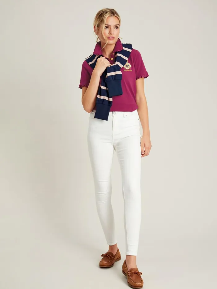 Joules Tops Women Burgundy Red Short Sleeve Frill Collared Polo Shirt