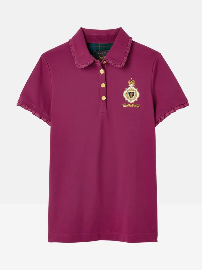Joules Tops Women Burgundy Red Short Sleeve Frill Collared Polo Shirt