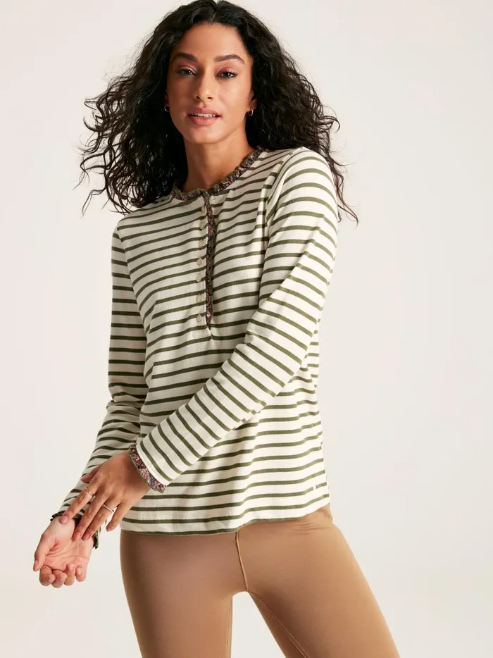 Joules Tops Women Green Striped Long Sleeve Top With Frill Neck