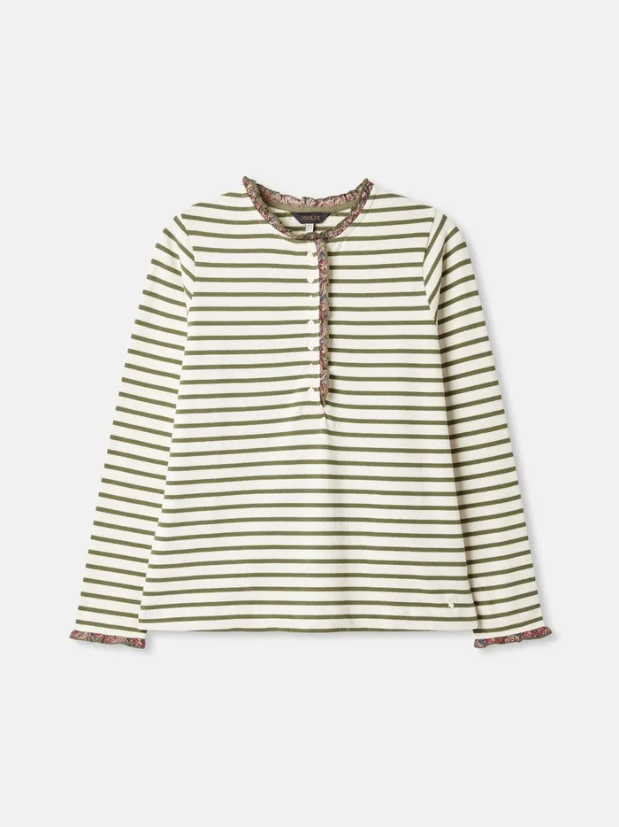Joules Tops Women Green Striped Long Sleeve Top With Frill Neck