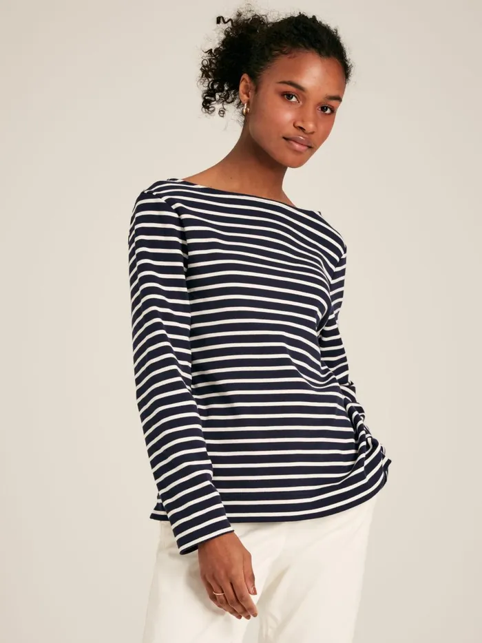 Joules Tops Women Navy Blue Stripe Boat Neck Breton Top