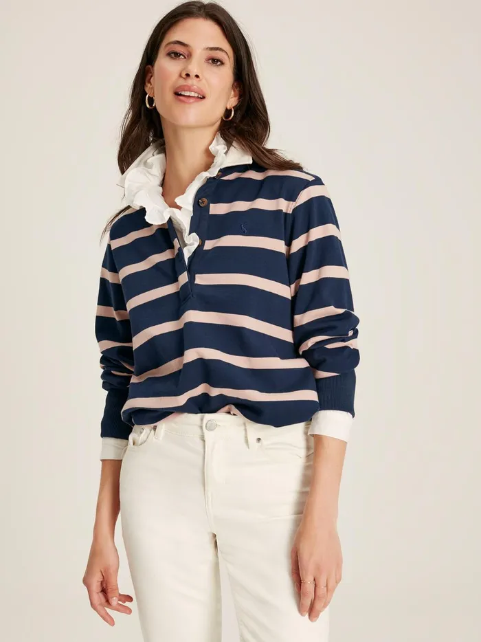 Joules Tops Women Navy Blue Striped Heavyweight Cotton Rugby Shirt