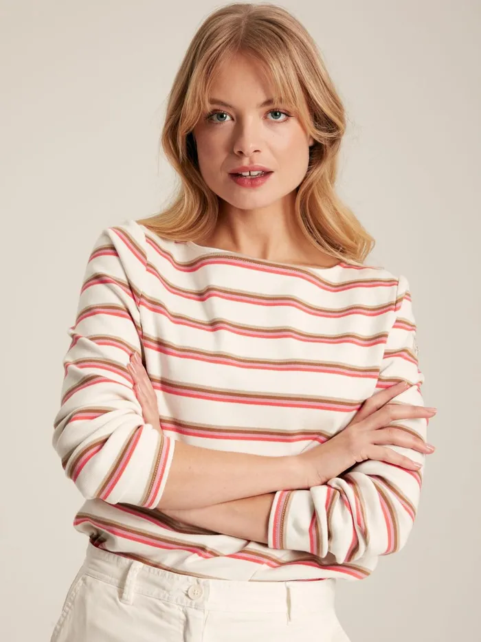 Joules Tops Women Pink Tan Stripe Boat Neck Breton Top