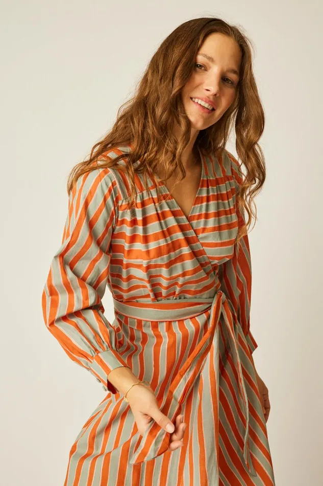 Kate Long Sleeve Dress Batik Stripe Sage Women Natalie Martin Dresses