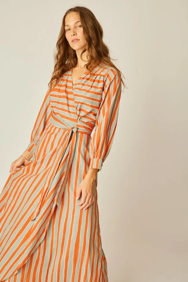 Kate Long Sleeve Dress Batik Stripe Sage Women Natalie Martin Dresses