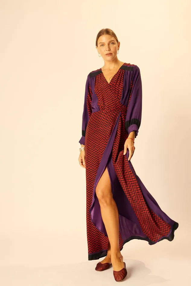 Kate Long Sleeve Maxi Block Zigzag Aubergine Women Natalie Martin Dresses