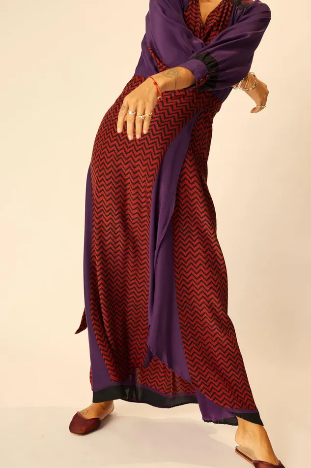 Kate Long Sleeve Maxi Block Zigzag Aubergine Women Natalie Martin Dresses