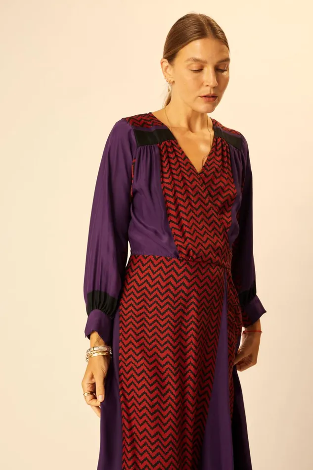 Kate Long Sleeve Maxi Block Zigzag Aubergine Women Natalie Martin Dresses