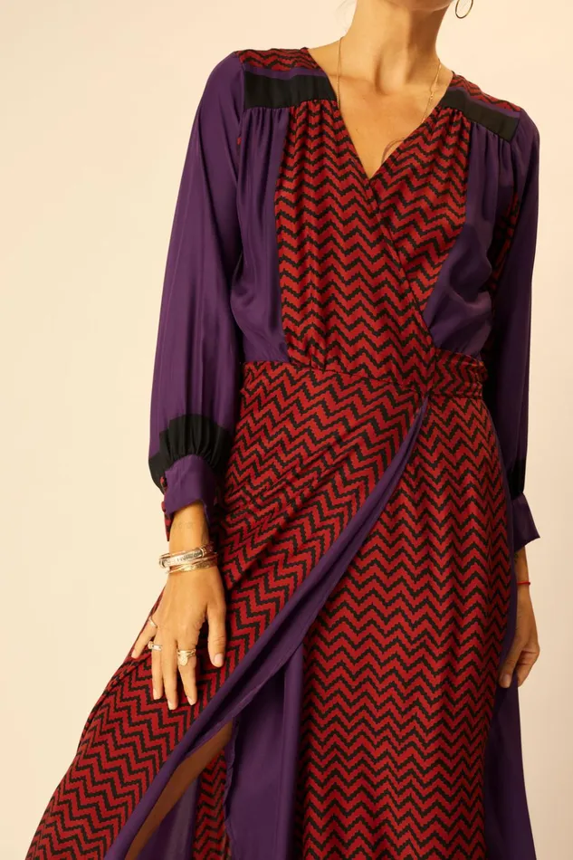 Kate Long Sleeve Maxi Block Zigzag Aubergine Women Natalie Martin Dresses