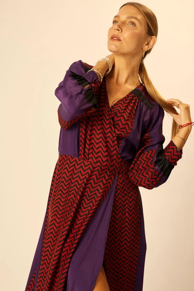 Kate Long Sleeve Maxi Block Zigzag Aubergine Women Natalie Martin Dresses