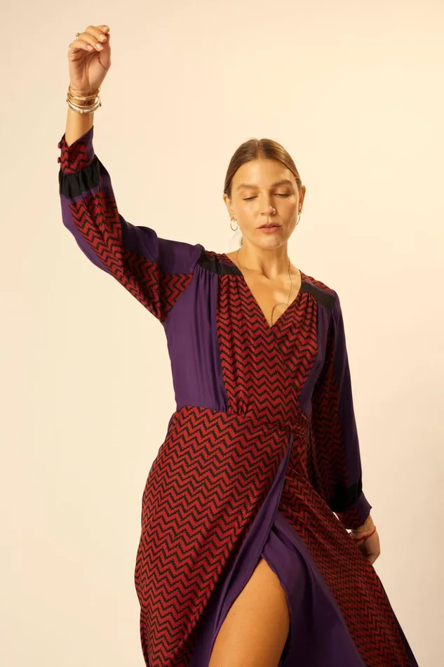 Kate Long Sleeve Maxi Block Zigzag Aubergine Women Natalie Martin Dresses