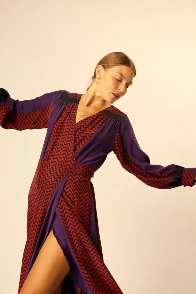 Kate Long Sleeve Maxi Block Zigzag Aubergine Women Natalie Martin Dresses