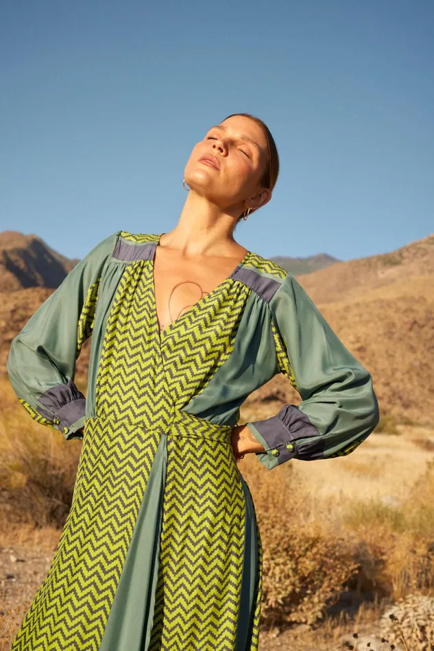 Kate Long Sleeve Maxi Block Zigzag Lime Women Natalie Martin Dresses