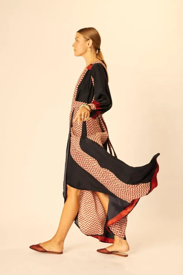 Kate Long Sleeve Maxi Block Zigzag Noire Women Natalie Martin Dresses