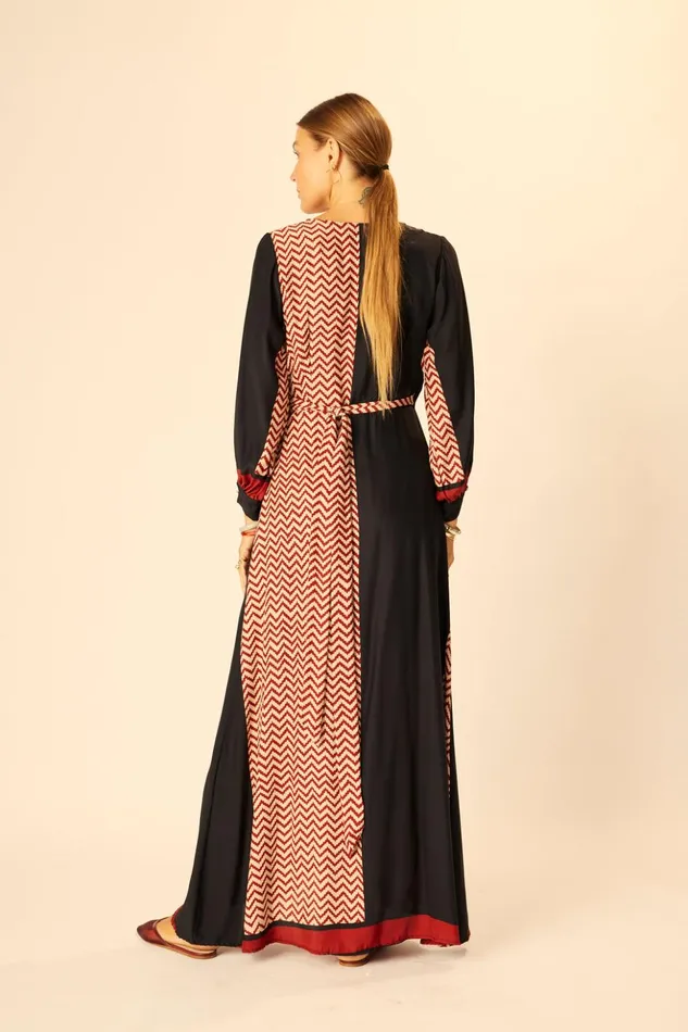 Kate Long Sleeve Maxi Block Zigzag Noire Women Natalie Martin Dresses