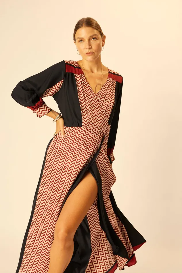 Kate Long Sleeve Maxi Block Zigzag Noire Women Natalie Martin Dresses